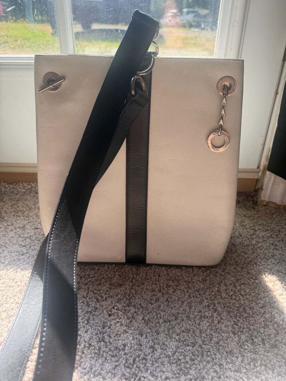 Celine Paris White and Black Leather Bucket Shoulder Bag with Silver Hardware